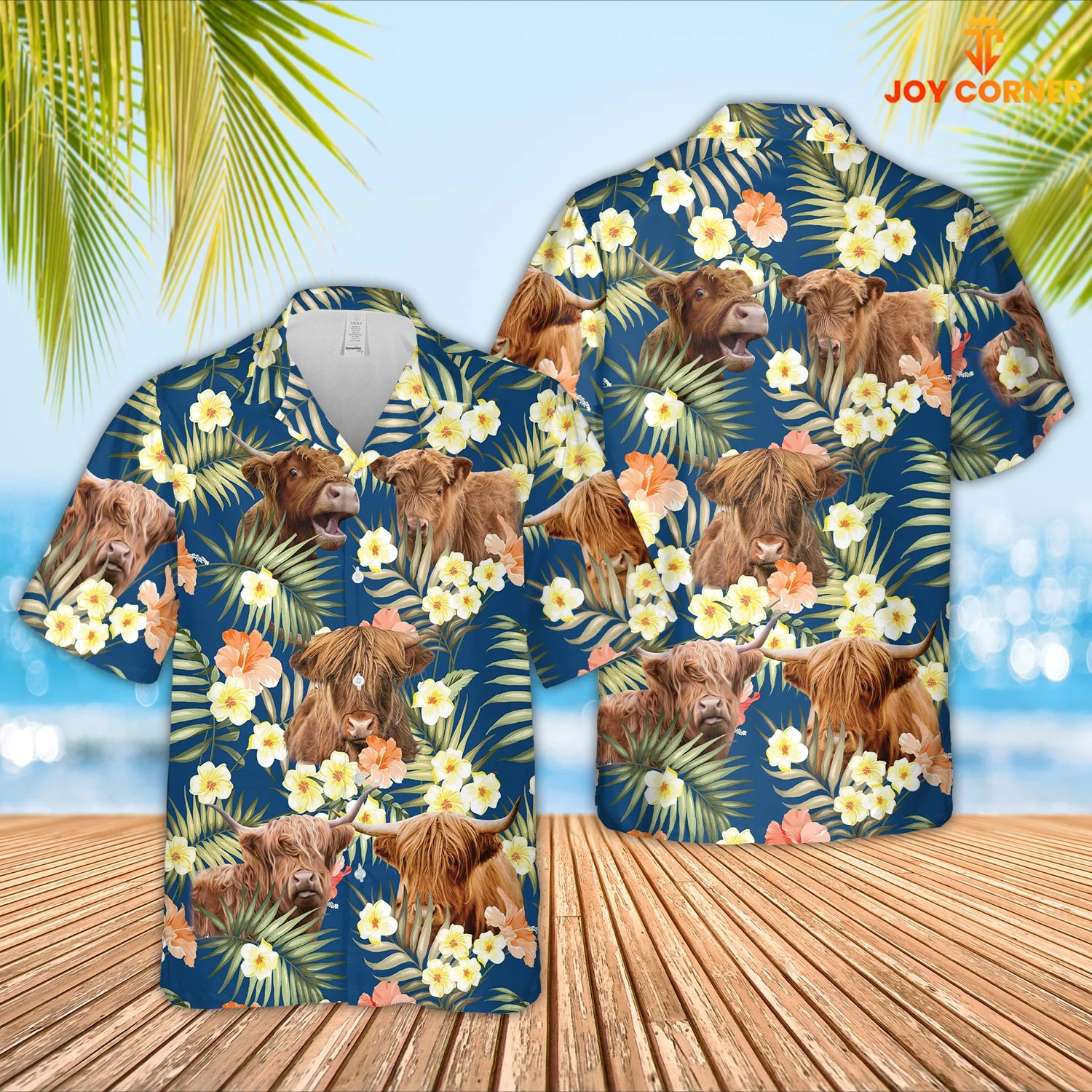 Highland Cattle Hawaiian Shirt With Summertime Blue Floral Print 3D