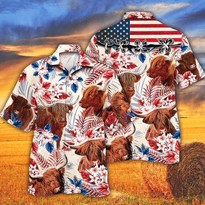 Highland Cattle Lovers American Flag Trendy Hawaiian Shirt, Cow Flower Aloha Shirt, Trendy Hawaiian Shirt Men, Women Highland Cattle Lovers American Flag Trendy Hawaiian Shirt, Cow Flower Aloha Shirt, Trendy Hawaiian Shirt Men, Women