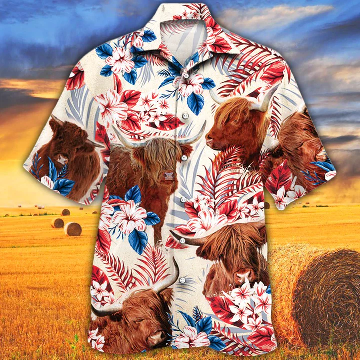 Highland Cattle Lovers American Flag Trendy Hawaiian Shirt, Cow Flower Aloha Shirt, Trendy Hawaiian Shirt Men, Women