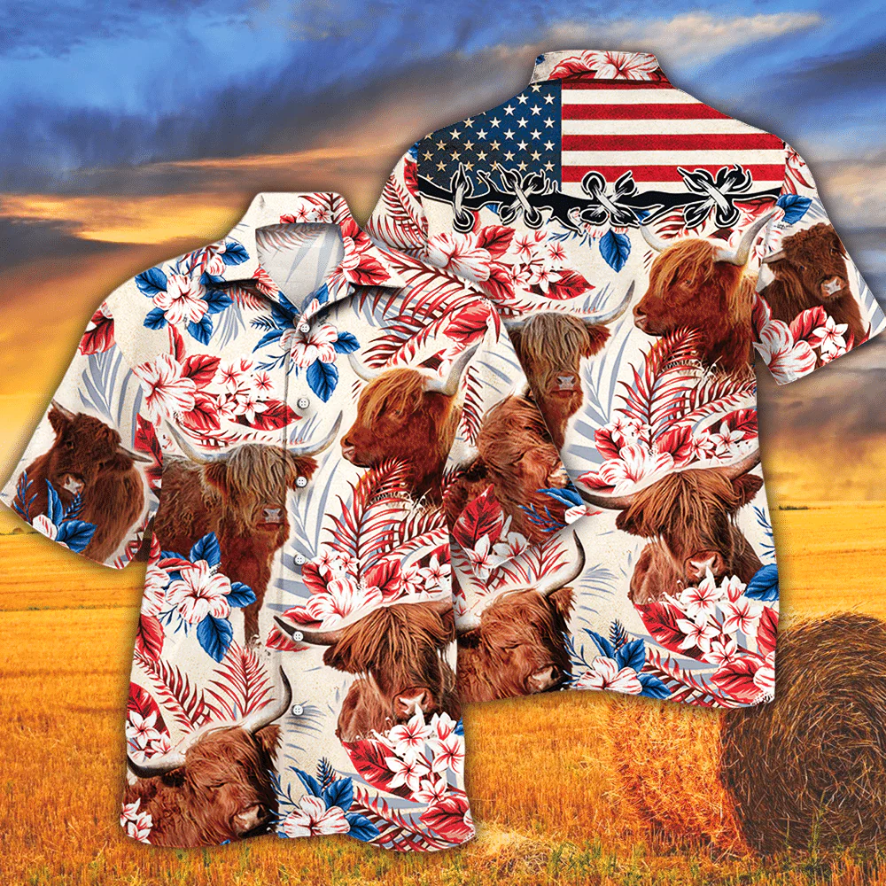 Highland Cattle Lovers American Flag Trendy Hawaiian Shirt, Cow Trendy Hawaiian Shirt For Summer Gifts