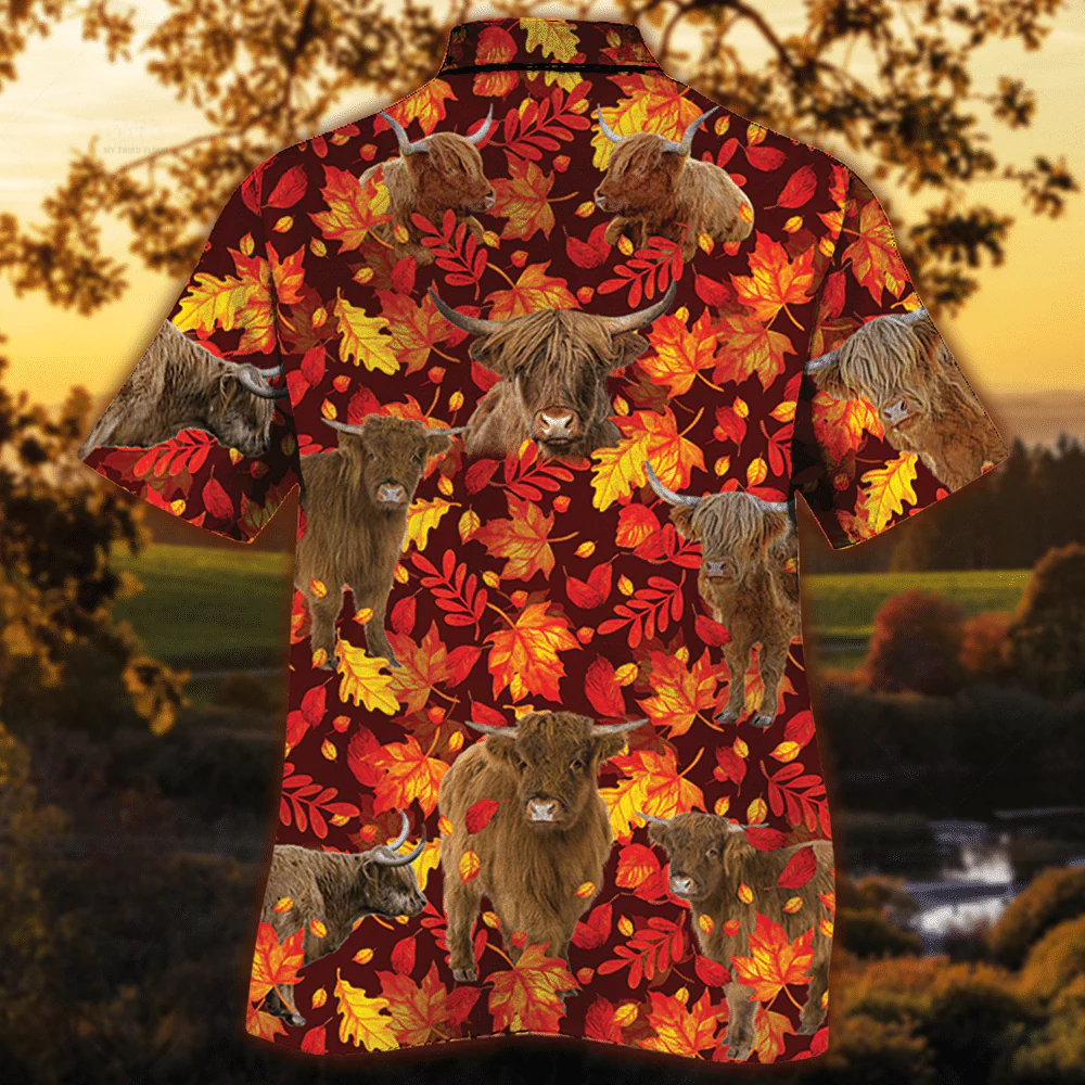 Highland Cattle Lovers Autumn Red Leaves Trendy Hawaiian Shirt, Cow Trendy Hawaiian Shirt For Summer Gifts