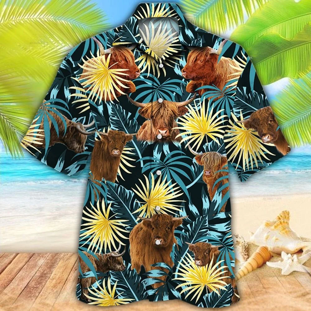 Highland Cattle Lovers Blue And Yellow Plants Trendy Hawaiian Shirt Highland Cattle Lovers Blue And Yellow Plants Trendy Hawaiian Shirt