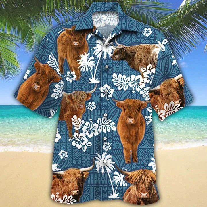 Highland Cattle Lovers Blue Tribal Hawaiian Shirt, Horse Hawaiian Shirts, Horse Aloha Shirt For Men, Hawaii Shirt Woman