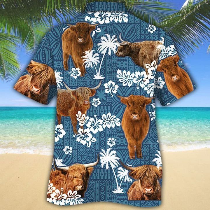 Highland Cattle Lovers Blue Tribal Trendy Hawaiian Shirt, Cow Trendy Hawaiian Shirt For Summer Gifts