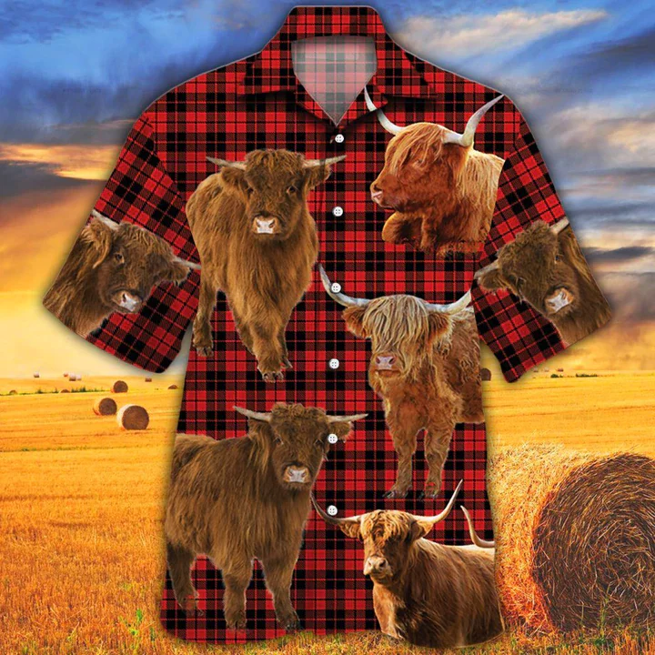 Highland Cattle Lovers Celebrate with Red Tartan Hawaiian Shirt