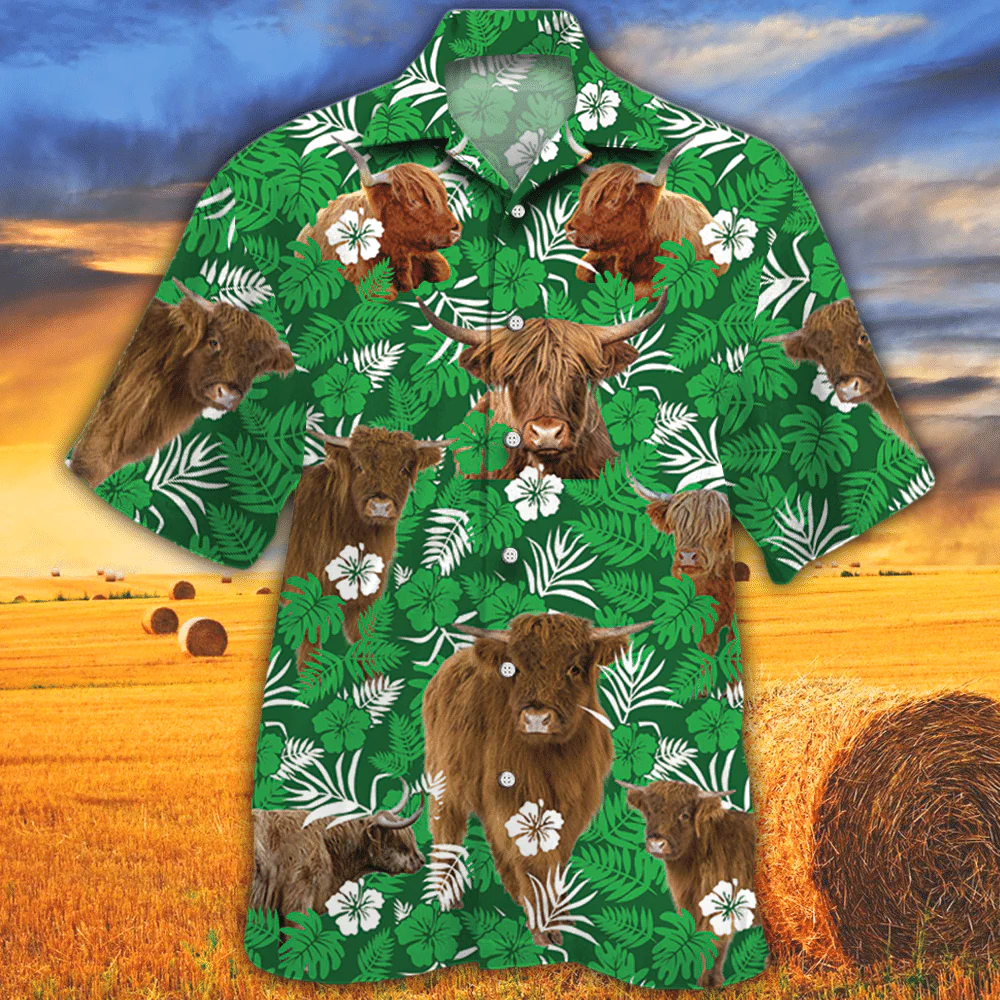 Highland Cattle Lovers Green Floral Pattern Trendy Hawaiian Shirt, Cow Trendy Hawaiian Shirt For Summer Gifts