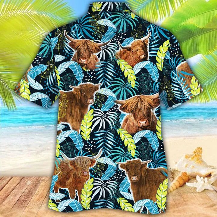 Highland Cattle Lovers Jungle Leaves Hawaiian Shirt, Cow Flower Aloha Shirt, Hawaiian Shirt Men, Women