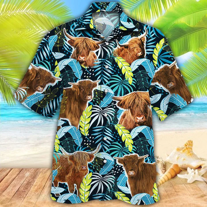 Highland Cattle Lovers Jungle Leaves Trendy Hawaiian Shirt, Cow Flower Aloha Shirt, Trendy Hawaiian Shirt Men, Women