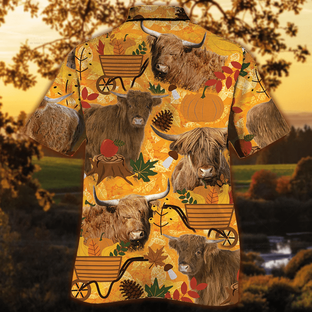 Highland Cattle Lovers Orange Nature Autumn Trendy Hawaiian Shirt, Cow Trendy Hawaiian Shirt For Summer Gifts