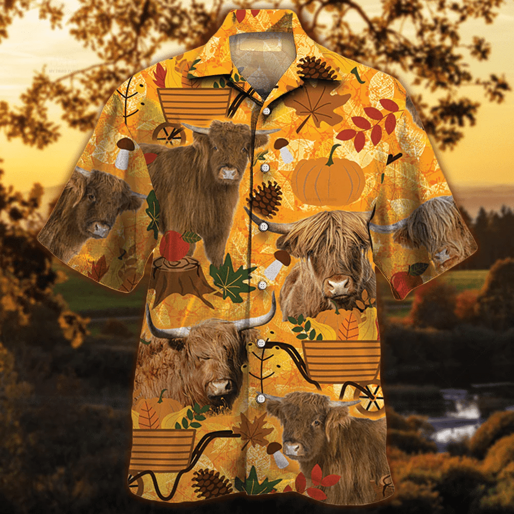 Highland Cattle Lovers Orange Nature Autumn Trendy Hawaiian Shirt, Cow Trendy Hawaiian Shirt For Summer Gifts Highland Cattle Lovers Orange Nature Autumn Trendy Hawaiian Shirt, Cow Trendy Hawaiian Shirt For Summer Gifts
