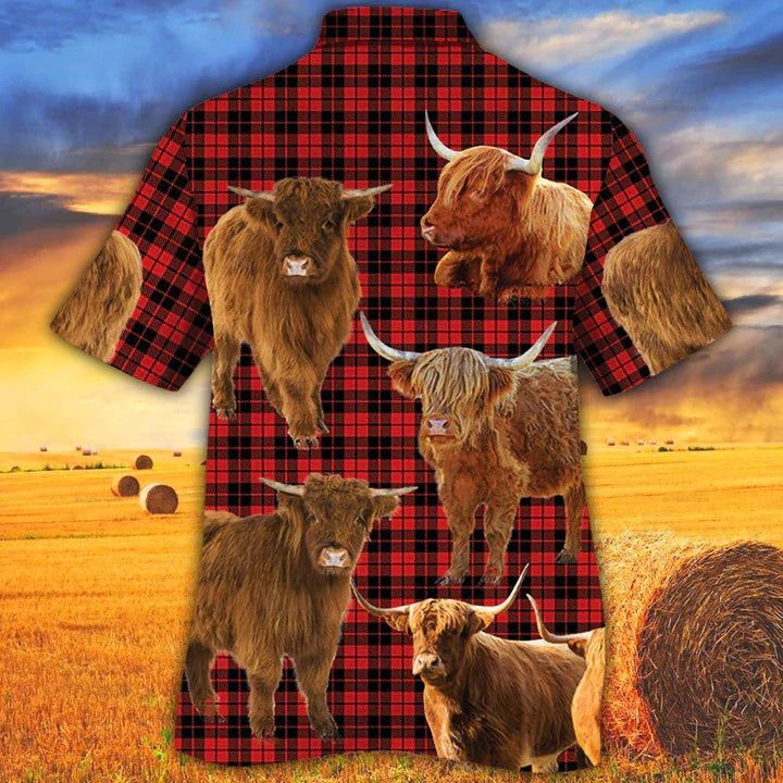 Highland Cattle Lovers Red Tartan Pattern Hawaiian Shirt- Cow Aloha Shirt, Gift For Cow Lovers