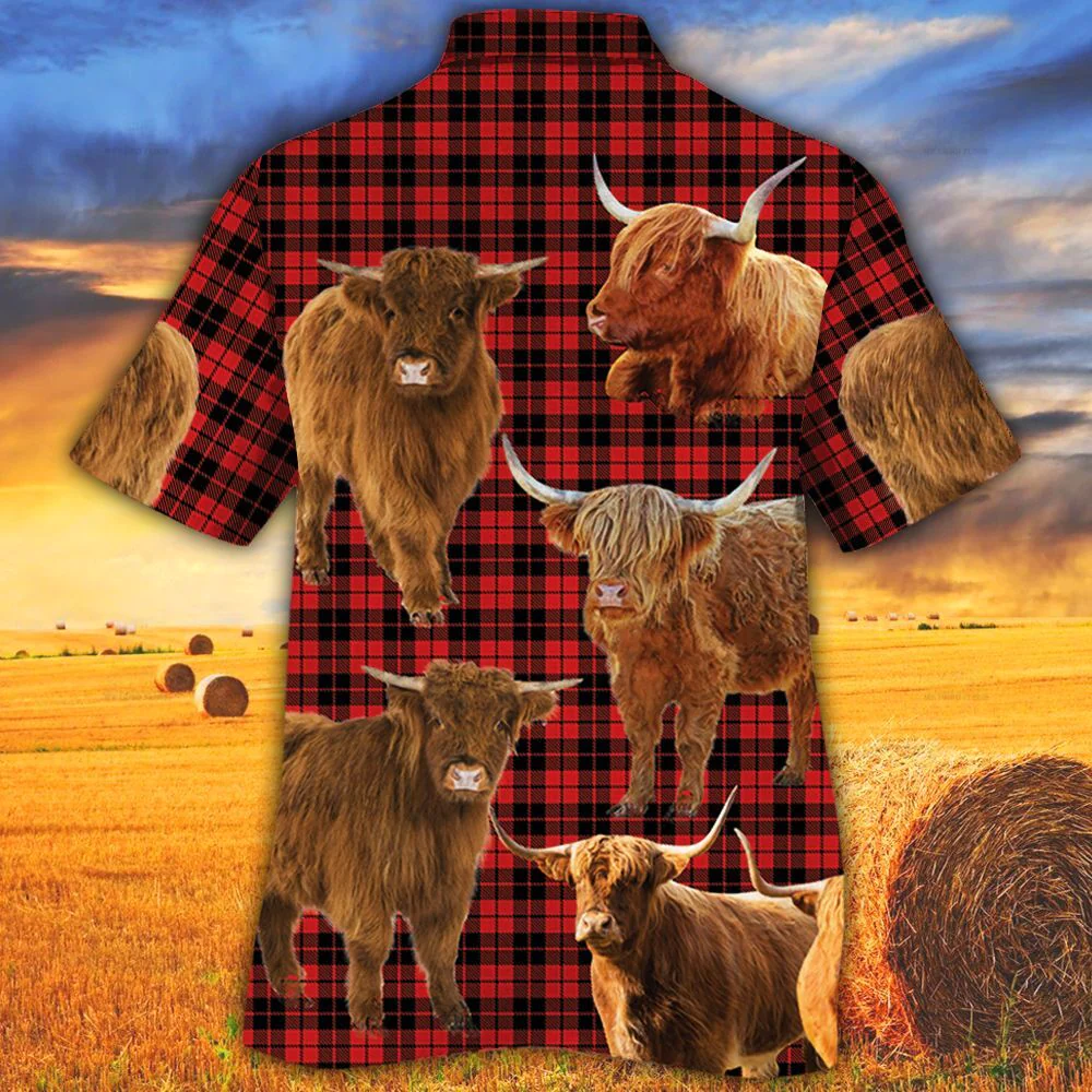 Highland Cattle Lovers Red Tartan Pattern Trendy Hawaiian Shirt, Cow Trendy Hawaiian Shirt For Summer Gifts