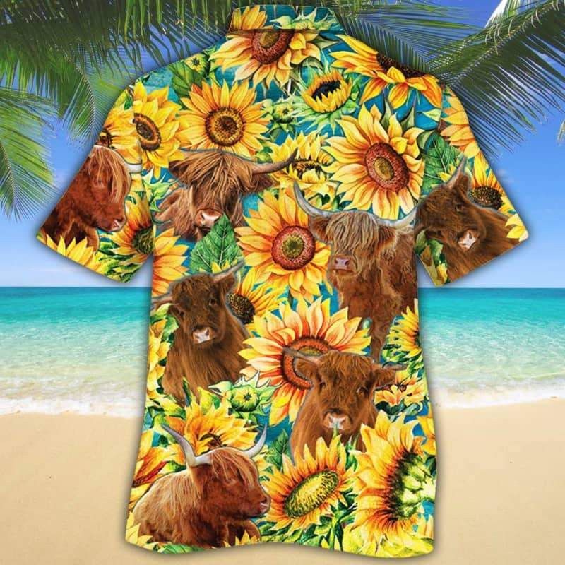 Highland Cattle Lovers Sunflower Watercolor Trendy Hawaiian Shirt, Cow Trendy Hawaiian Shirt For Summer Gifts