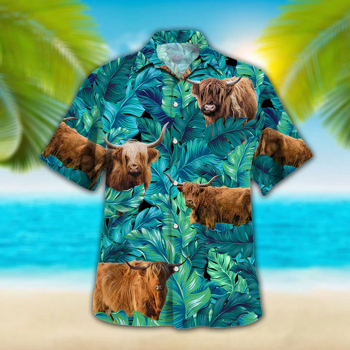 Highland Cattle Lovers Trendy Hawaiian Shirt, Animal Trendy Hawaiian Shirt Vintage Flower, Short Sleeve Hawaiian Aloha Shirt For Men, Women