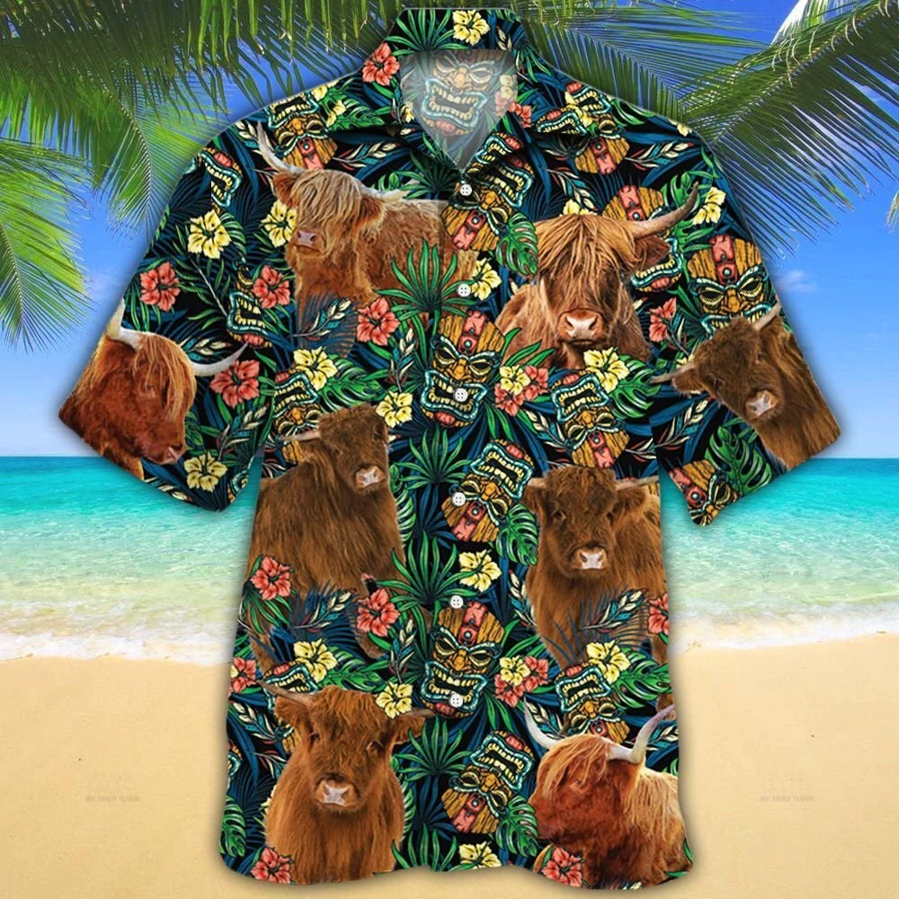 Highland Cattle Lovers Tribal Tiki Mask Trendy Hawaiian Shirt Highland Cattle Lovers Tribal Tiki Mask Trendy Hawaiian Shirt