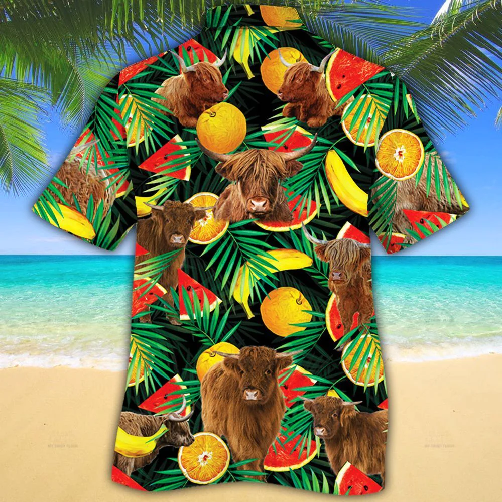 Highland Cattle Lovers Tropical Fruits Trendy Hawaiian Shirt, Cow Trendy Hawaiian Shirt For Summer Gifts