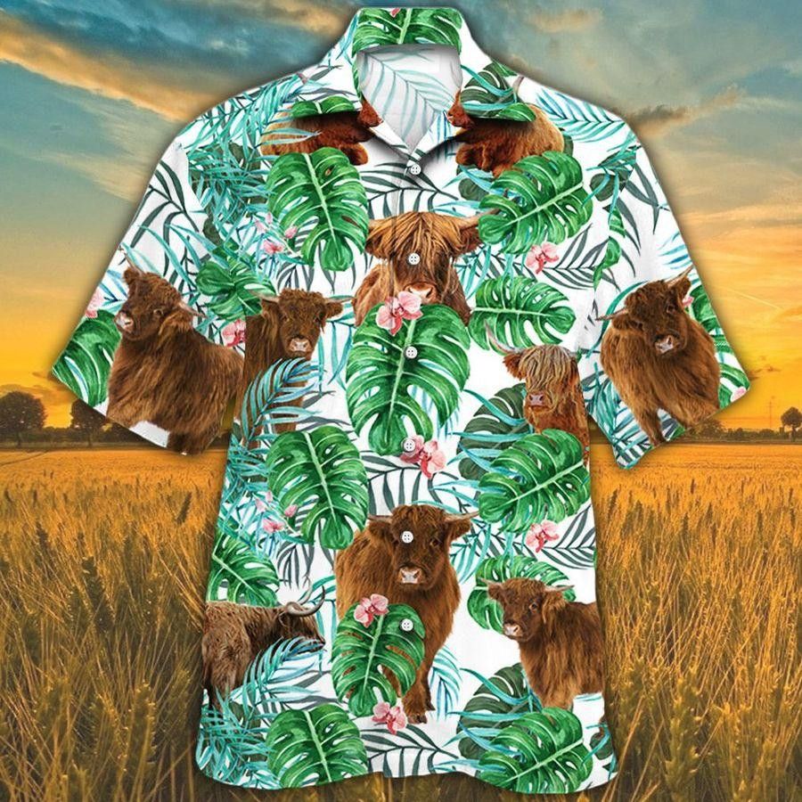 Highland Cattle Lovers Tropical Plant Trendy Hawaiian Shirt, Cow Trendy Hawaiian Shirt For Summer Gifts