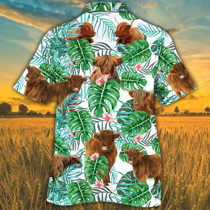 Highland Cattle Lovers Tropical Plant Trendy Hawaiian Shirt, Cow Trendy Hawaiian Shirt, Trendy Hawaiian Shirts For Men, Women