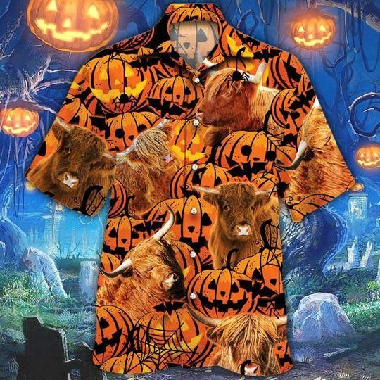 Highland Cattle Pumpkin Halloween Hawaiian Shirt