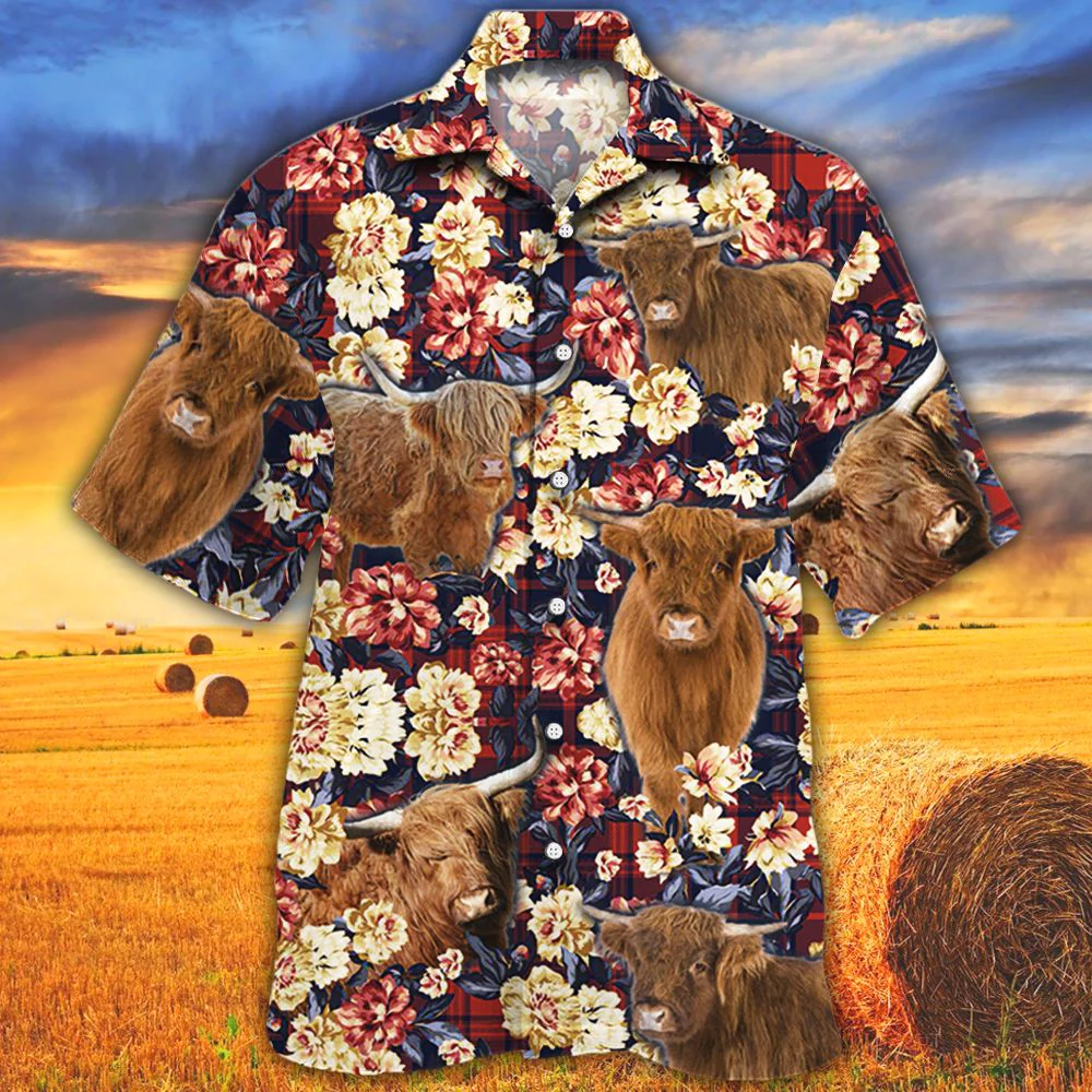 Highland Cattle Red Plaid Pattern All Over Printed 3D Hawaiian Shirt