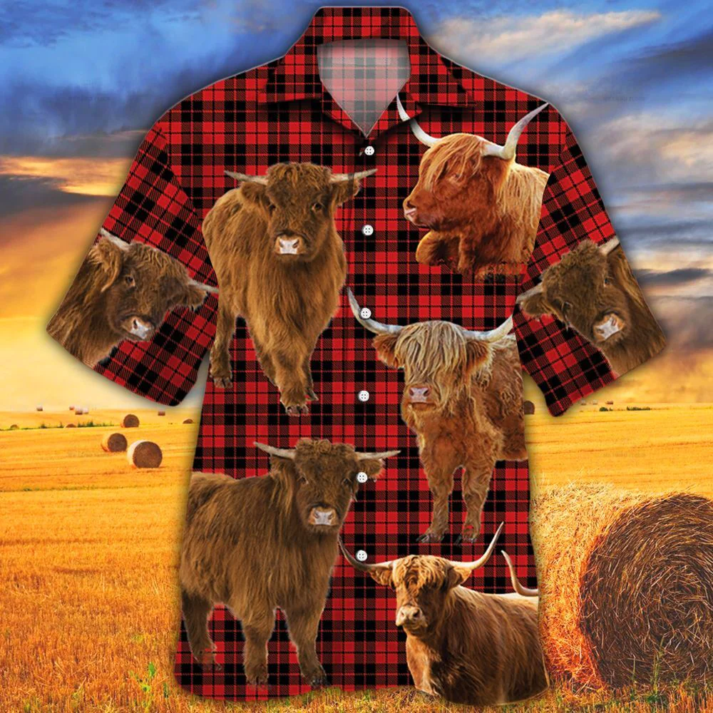 Highland Cattle Red Tartan Pattern All Over Printed 3D Hawaiian Shirt