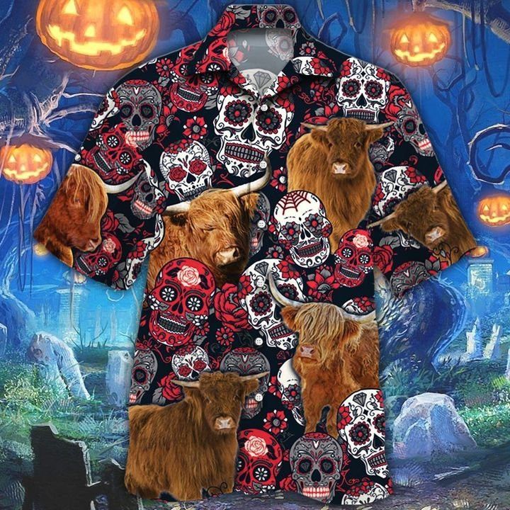 Highland Cattle Sugar Skull Floral 3D Hawaiian Shirt Stylish Design
