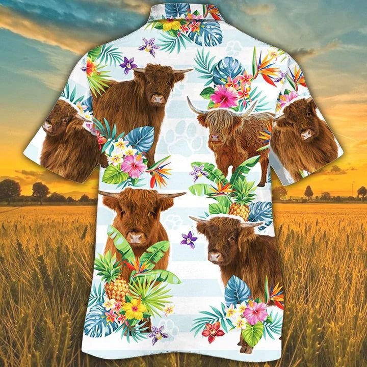Highland Cattle Tropical Flower Hawaiian Shirts For Men, Women, Cow Lovers Tropical Flower Hawaiian Shirt