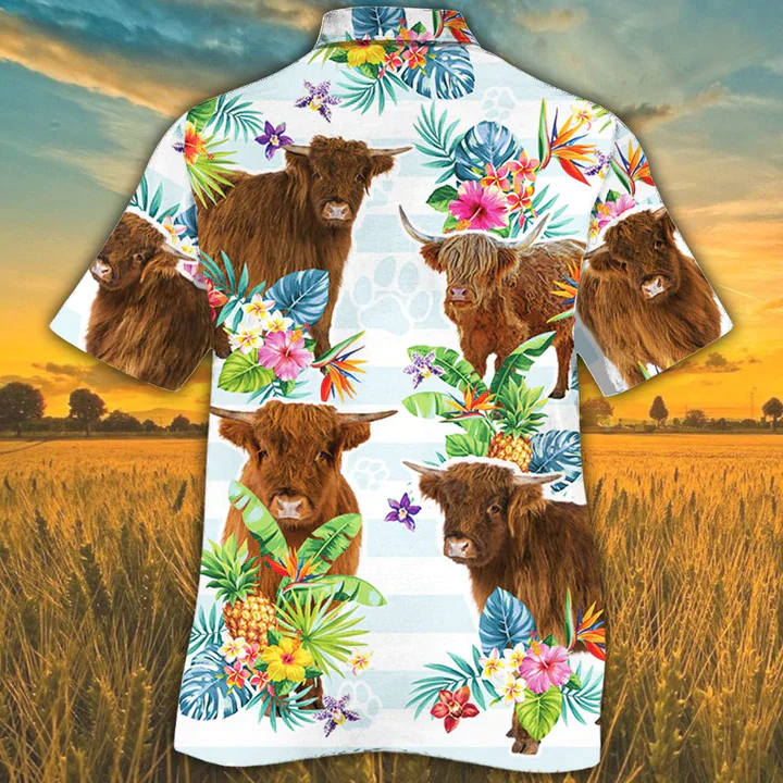 Highland Cattle Tropical Flower Trendy Hawaiian Shirts For Men, Women, Cow Lovers Tropical Flower Trendy Hawaiian Shirt