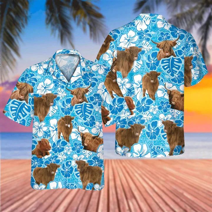 Highland Cow Blue Floral Hawaiian Shirt, Cow Hawaii Shirt, Cow Lovers Shirt For Men Highland Cow Blue Floral Hawaiian Shirt, Cow Hawaii Shirt, Cow Lovers Shirt For Men