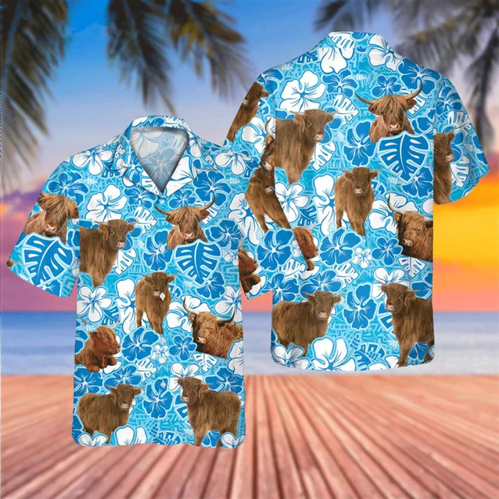 Highland Cow Blue Floral Trendy Hawaiian Shirt, Cow Hawaii Shirt, Cow Lovers Shirt For Men