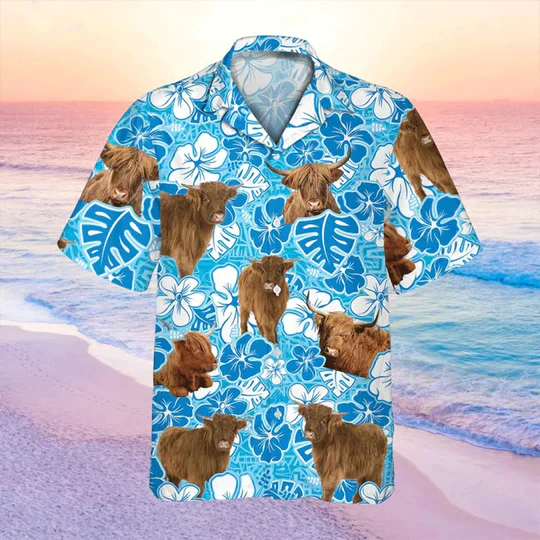 Highland Cow Blue Floral Trendy Hawaiian Shirt, Cow Hawaii Shirt, Cow Lovers Shirt For Men