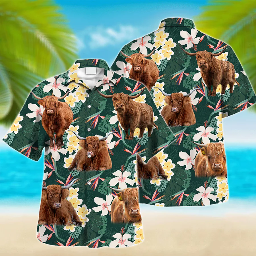 Highland Cow Trendy Hawaiian Shirt, Farm Lover Hawaii Shirt, Trendy Hawaiian Shirt Men, Short Sleeve Hawaiian Aloha Shirt