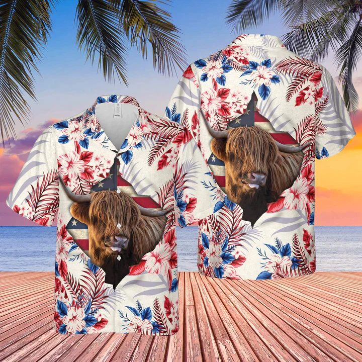 Highland Face Hibiscus Flower All Over Printed 3D Trendy Hawaiian Shirt, Summer Aloha Shirt Men And Women