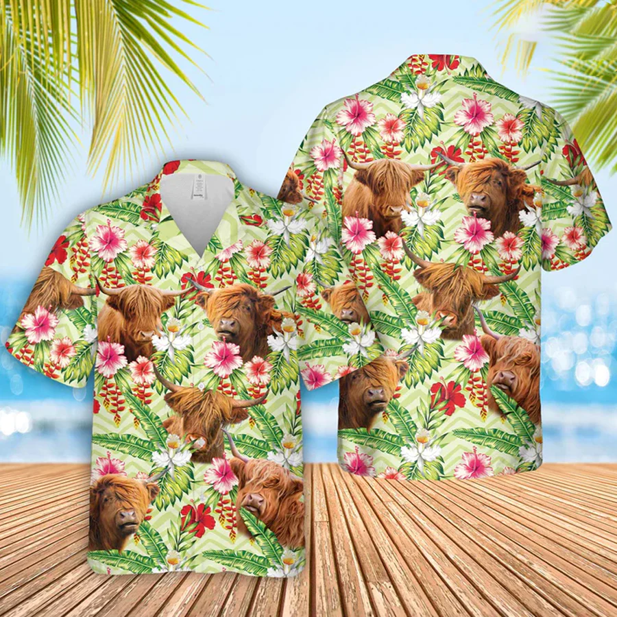 Highland Hibicus Floral 3D Trendy Hawaiian Shirt, Farm Lover Hawaii Shirt, Hawaiian Casual Button Down Shirt