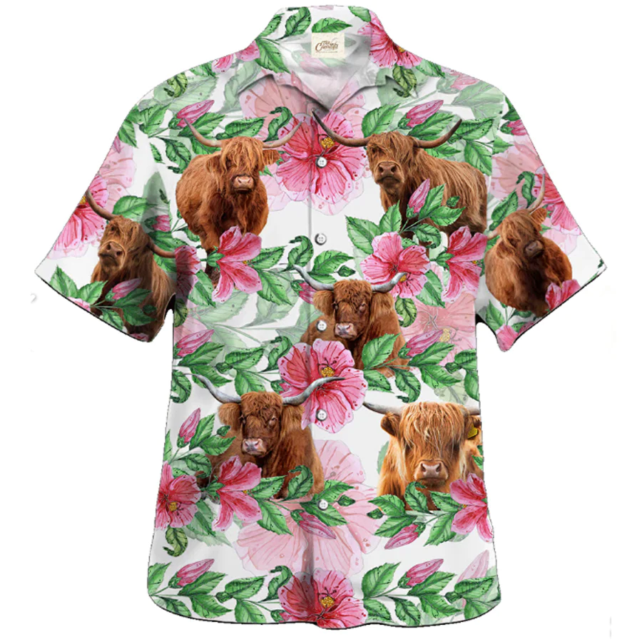 Highland Humor: Cow Trendy Hawaiian Shirt – Funny Tropical Attire for Him