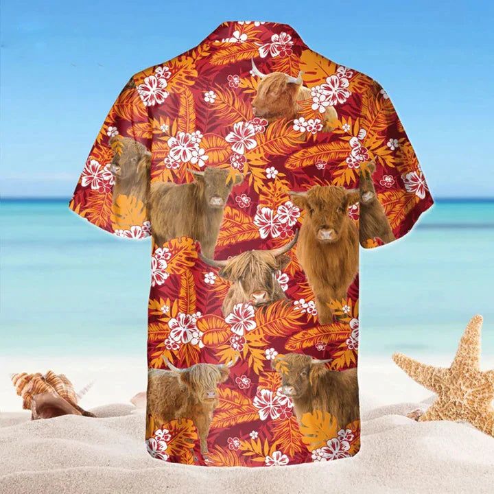 Highland Red Orange Floral Hawaiian Shirt, Flowers Aloha Shirt For Cow Lovers