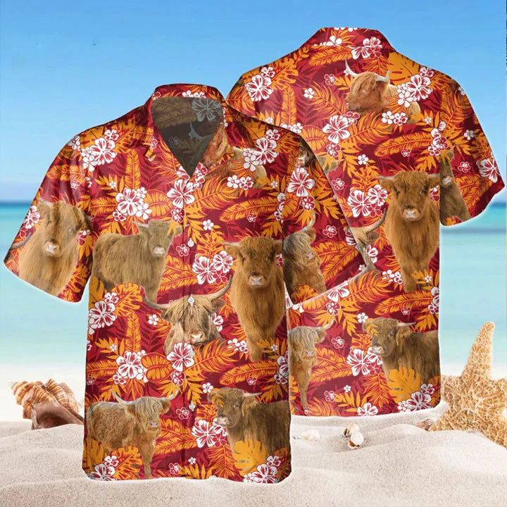 Highland Red Orange Floral Hawaiian Shirt, Flowers Aloha Shirt For Cow Lovers