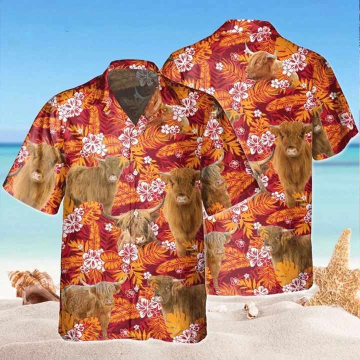 Highland Red Orange Floral Trendy Hawaiian Shirt, Flowers Aloha Shirt For Cow Lovers Highland Red Orange Floral Trendy Hawaiian Shirt, Flowers Aloha Shirt For Cow Lovers
