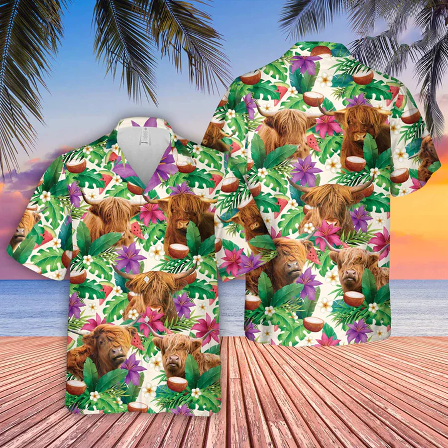 Highland Summer Floral 3D Trendy Hawaiian Shirt, Farm Lover Hawaii Shirt, Hawaiian Casual Button Down Shirt