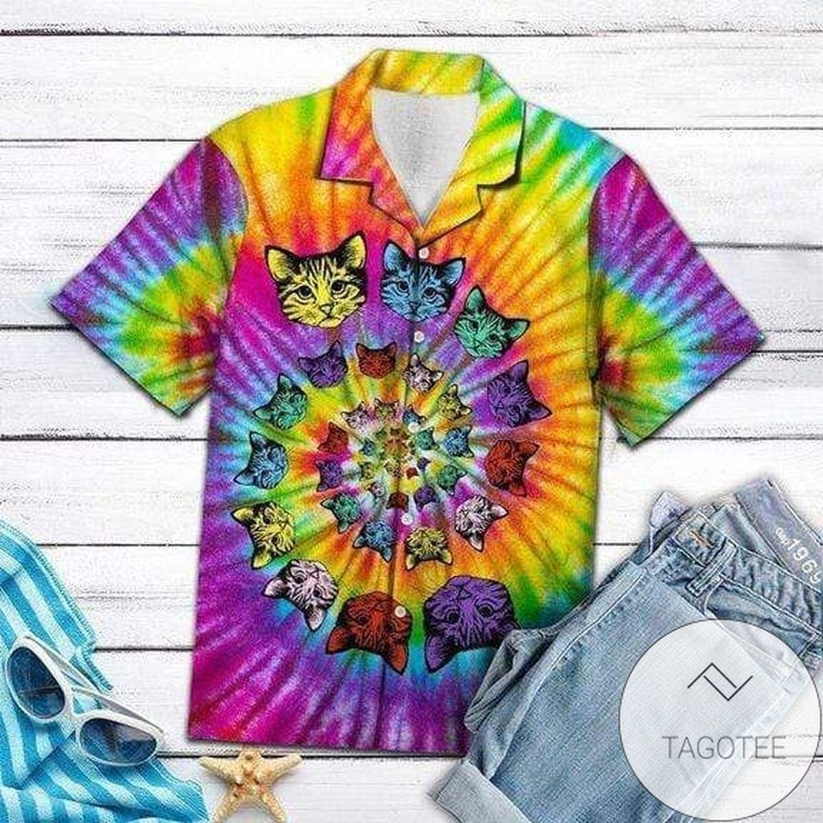 HigQuality Tie-dye Psychedelic Hippie Cat Hawaiian Shirts