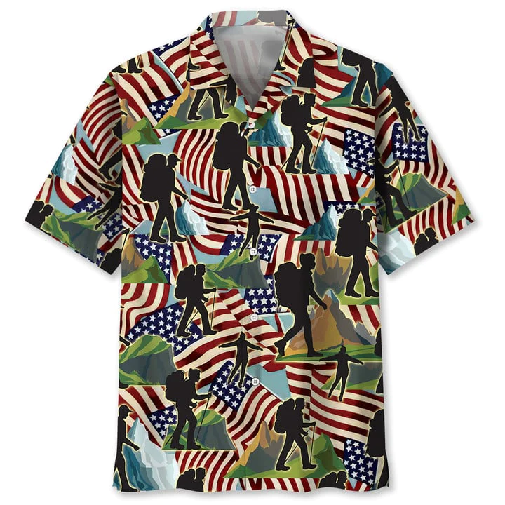 Hiking Usa Trendy Hawaiian Shirt For Men, 4Th Of July Trendy Hawaiian Shirt