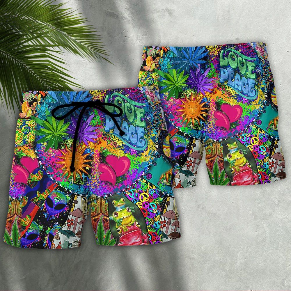 Hippie Alien Frogs Mushroom Peace Life Amazing Style Trendy Aloha Hawaiian Beach Shorts