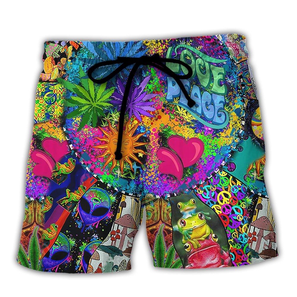 Hippie Alien Frogs Mushroom Peace Life Amazing Style Trendy Aloha Hawaiian Beach Shorts