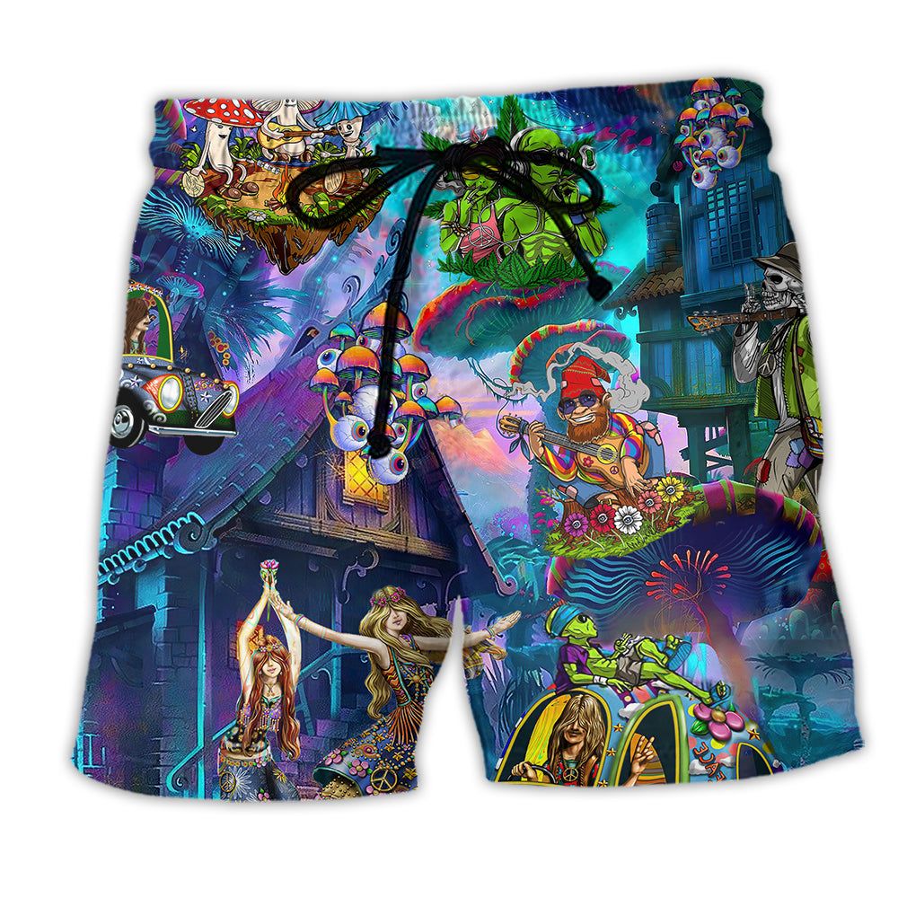 Hippie Alien Skull Mushroom Colorful Life Trendy Aloha Hawaiian Beach Shorts
