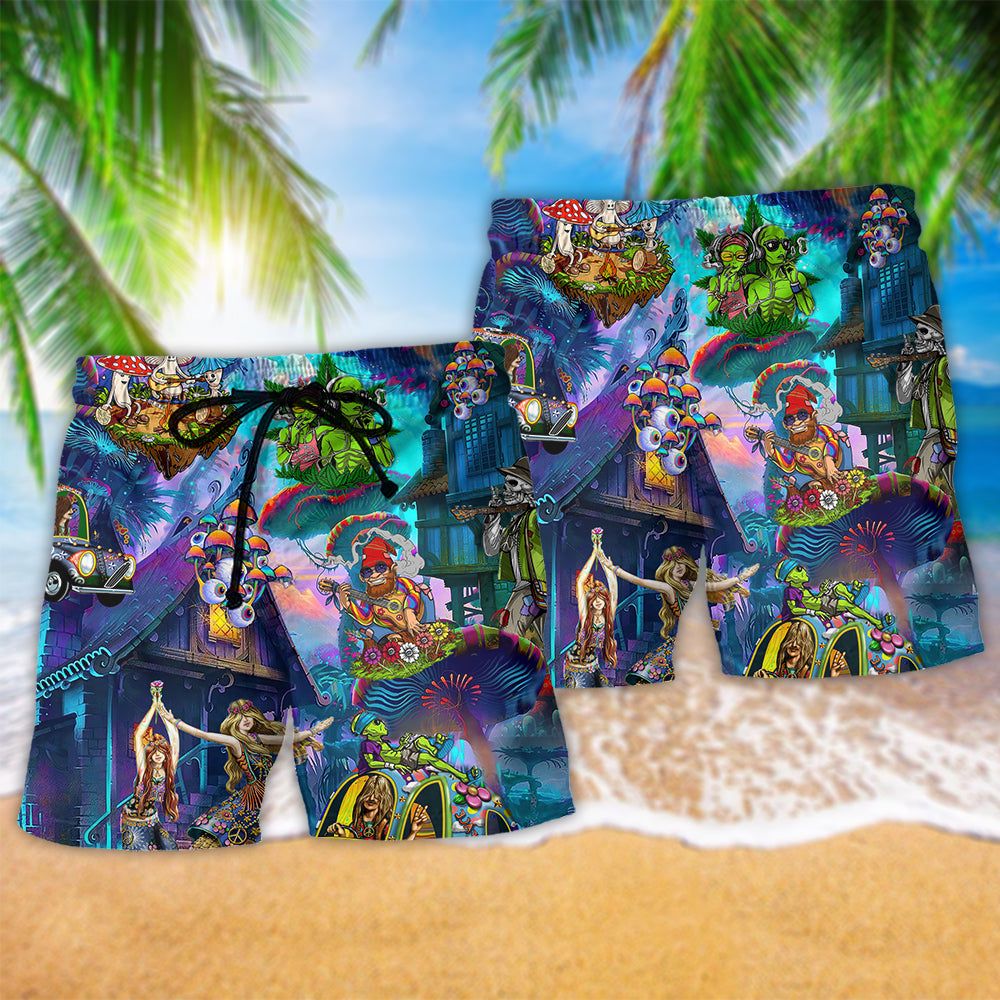 Hippie Alien Skull Mushroom Colorful Life Trendy Aloha Hawaiian Beach Shorts