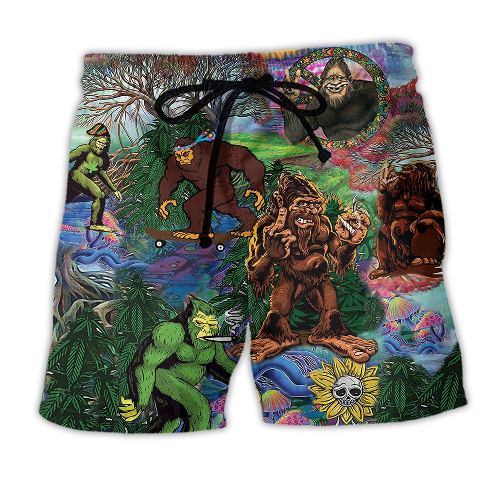 Hippie Bigfoot Peace Life Color Green Trendy Aloha Hawaiian Beach Shorts Hippie Bigfoot Peace Life Color Green Trendy Aloha Hawaiian Beach Shorts