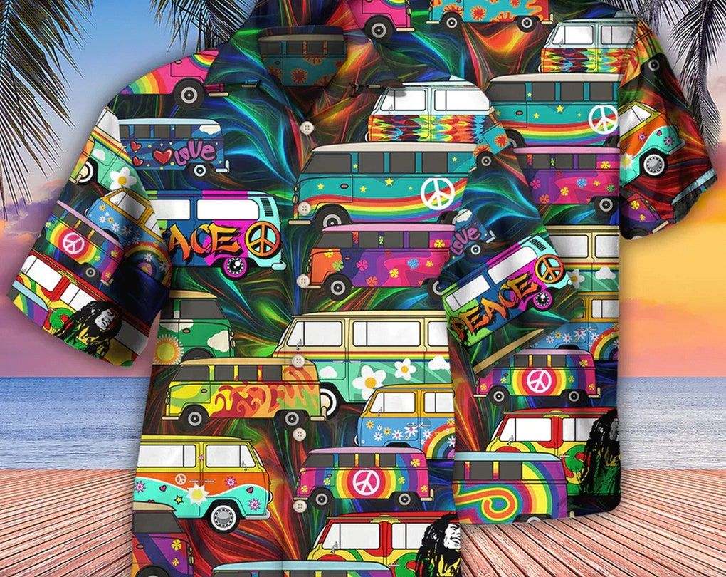 Hippie Bus Colorful Style – Trendy Hawaiian Shirt, Short Sleeve Hawaiian Aloha Shirt, Hawaii Style, Hawaii Honeymoon Shirt, Summer Party.