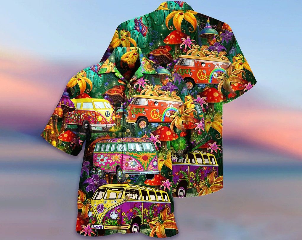 Hippie Bus Peace Life Colorful Style Trendy Hawaiian Shirt, Aloha Short Sleeve Button Down, Gift For Family,Hawaiian Set Gift, Funny Trendy Hawaiian Shirt