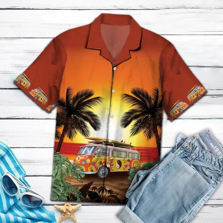 Hippie Bus Under Sunset Palm Tree Beach Themed Pattern Trendy Hawaiian Shirt
