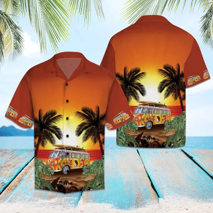 Hippie Bus Under Sunset Palm Tree Beach Themed Pattern Trendy Hawaiian Shirt